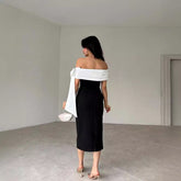 Women's Off-shoulder Bow Black And White Color Matching Elegant Cocktail Dress - kinko